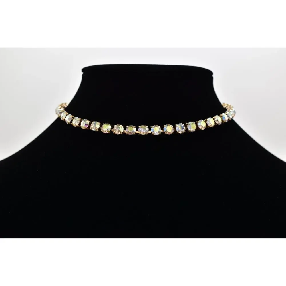 Vintage Crystal Choker Necklace Aurora Borealis Round Prong Rhinestone 80s BinBL
